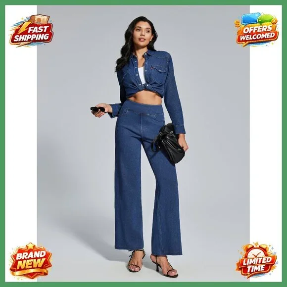 High Waist Wide Leg Pull On Jeans Stretchy Straight Leg Denim Pants